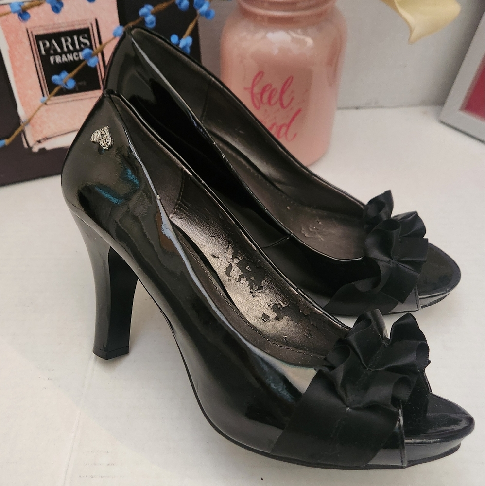 Fergalicious Black Patent Peep-Toe Heels with Bow Accent